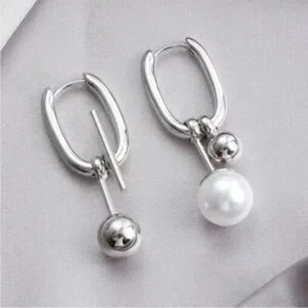 Silver Pearl Drop Hoop Earrings